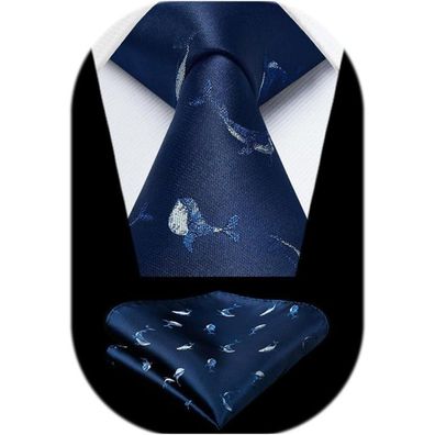 Hisdern Herren Krawatten & Einstecktuch Set - Marineblau/Walfisch Tiermuster