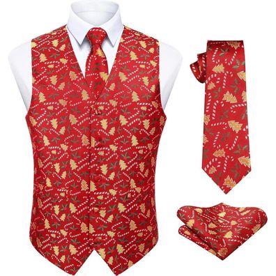 Enlision Herren Weihnachtsweste mit Krawatte und Einstecktuch im Set, Rot-3