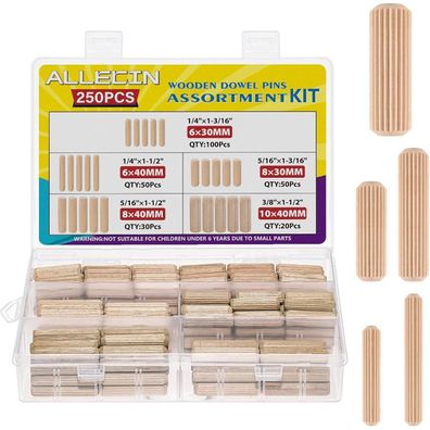 Allecin Holzdübel Set 5 Größen (6mm, 8mm, 10mm) - Geriffelt für Möbel