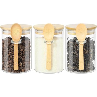 YUEYEE Glas-Vorratsdosen Set (3x 600ml) mit luftdichten Holzdeckeln und Löffeln