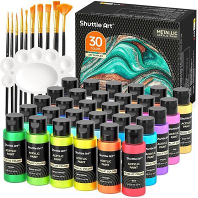 Shuttle Art Metallic Acrylfarben Set, 30 Metallic-Farben (60 ml), inkl. 10