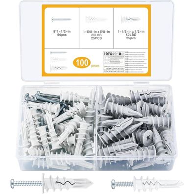 Bjbjjiu Hohlraumdübel Set (100 Stk) für Gipskartonplatten, Hartschaumdübel mit