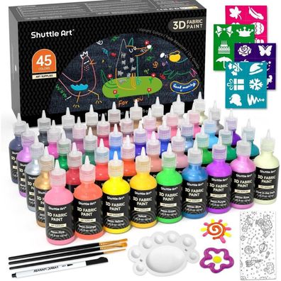 Shuttle Art Textilfarbe 45 Farben Set, 3D Stoffmalfarben, 30ml, inkl. Pinsel