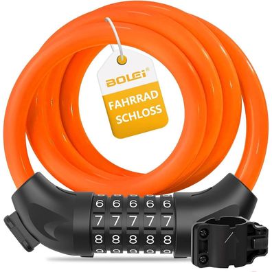BOLEi Fahrradschloss mit Zahlencode, 12mm/120cm, 5-stellig, wasserdicht, orange