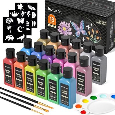 Shuttle Art 18 Metallic Textilfarben, waschmaschinenfest, 60 ml Flaschen, inkl