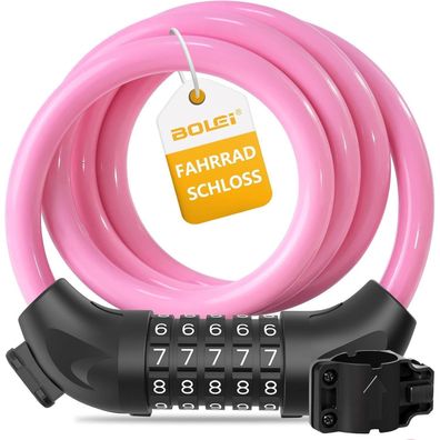 BOLEi Fahrradschloss mit Zahlencode, 12mm/120cm, 5-stellig, wasserdicht, pink