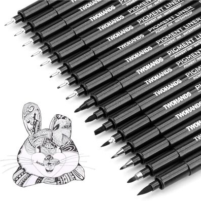 Twohands Fineliner Stifte Set, 16 Stück Schwarz, Pigment Liner für Künstler