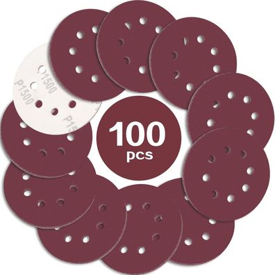 Stebruam Schleifpapier 125mm Klett P1500 Körnung, 100 Stück, 8 Loch