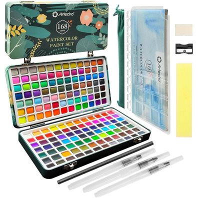 Artecho Aquarellfarben Set 168 Farben in tragbarer Box mit Zubehör für Künstler