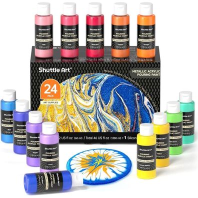 Shuttle Art Metallic Pouring Acrylfarben Set, 24x 60ml Flaschen, inkl