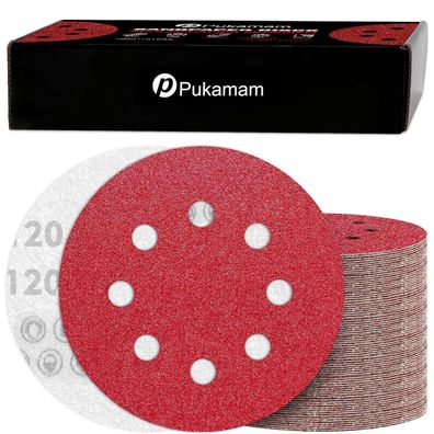 Pukamam 120 Stück Schleifpapier 125mm Klett P120 Körnung für 8 Loch