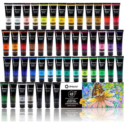 Artecho Acrylfarben Set 48 Farben x 36 ml - Wasserfest, Lichtecht, Schnell