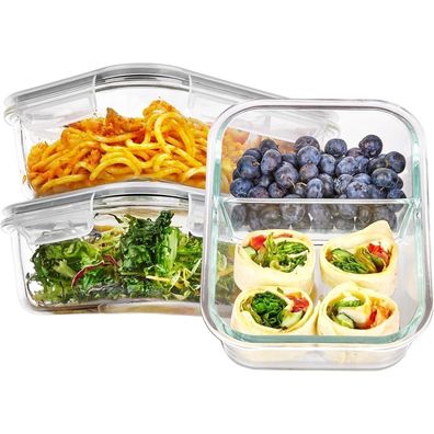 Vtopmart 3er Set Glas-Vorratsbehälter mit Deckel, 975ml, 2 Fächer