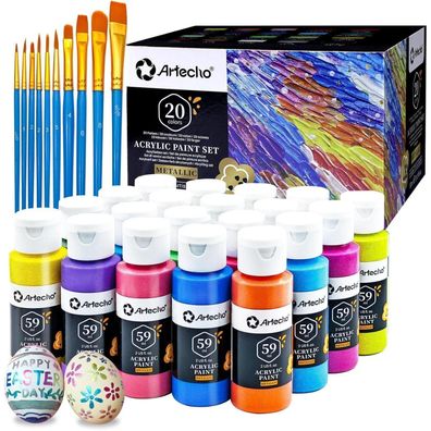 Artecho Acrylfarben Set, 20 Metallic Farben (je 59ml) mit 10 Pinseln