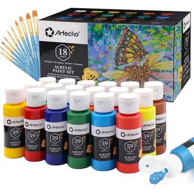 Artecho Acrylfarben Set 18 Farben (je 59ml) mit 10 Pinseln - Wasserfest