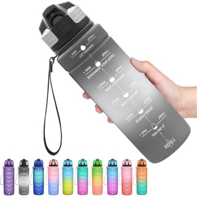 Coolfel Sport Trinkflasche 1000 ml Grau-weiß, Motivierende Wasserflasche mit