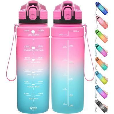 Coolfel Sport Trinkflasche 1000 ml Rosa-smaragd, motivierende Wasserflasche mit