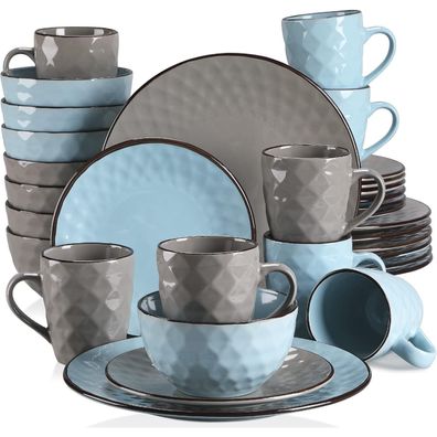 vancasso GEM Geschirrset 32-teilig Steingut Kombiservice Blau / Grau