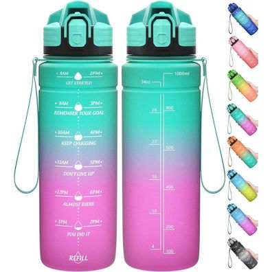 Coolfel Sport Trinkflasche 1000 ml Smaragd-lila, motivierend, auslaufsicher