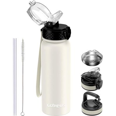 GOPPUS Edelstahl Trinkflasche 600ml mit Strohhalm, doppelwandig isoliert