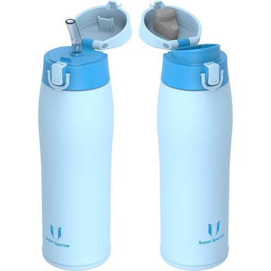 Super Sparrow Edelstahl Thermosflasche, 750 ml, Hellblau - Inklusive Strohhalm