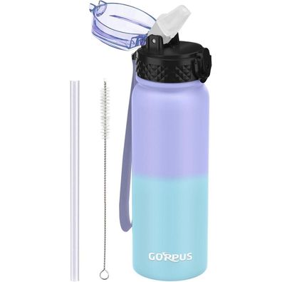 GOPPUS 600ml Edelstahl Wasserflasche mit Strohhalm, Thermosflasche
