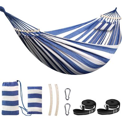 Chihee Hängematte aus Baumwolle, 270x150cm, Blau/Weiß Gestreift, bis 300kg