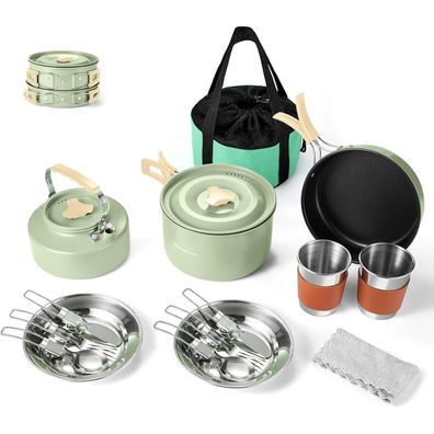 Odoland Camping Kochgeschirr Set, 15-teilig, Antihaft, mit Wasserkocher und