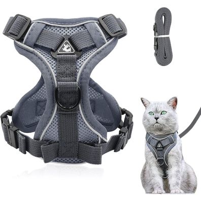 Grantop Verstellbares Katzengeschirr Ausbruchsicher mit Leine Set, Grau XS