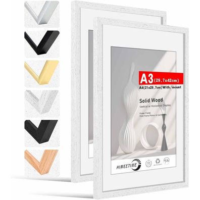 Himeetime 2x Bilderrahmen A3 (30x42 cm) Weiß Massivholz für Wand & Tisch, mit