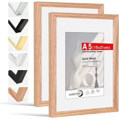 Himeetime 2x Bilderrahmen DIN A5 (15x21 cm) aus massivem Eichenholz, Natur