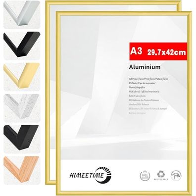 Himeetime 2x Bilderrahmen A3 30x42 cm Gold Metall Rahmen für Wand oder Tisch