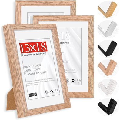 Himeetime 3x Bilderrahmen 13x18 cm Natur Holz Eiche, Passepartout 10x15cm