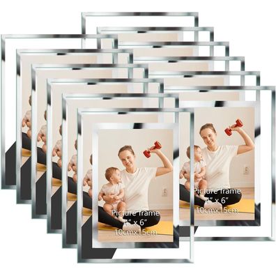 Hoikwo 12er-Set Bilderrahmen 10x15 cm, Glasfotorahmen Silber für Tischaufsteller