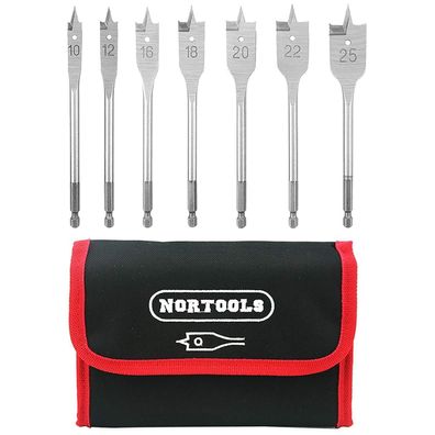 Nortools Professionelles Flachbohrer Set 7-teilig mit Schnellwechsel-Schaft für