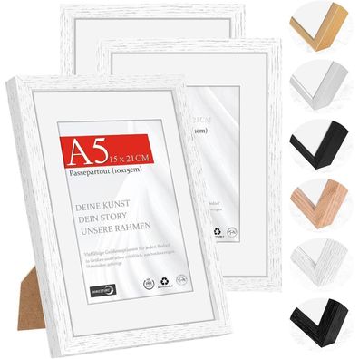 Himeetime 3x Bilderrahmen A5 (14.8x21 cm) Naturholz Weiß, Echtholz, Wand/Tisch