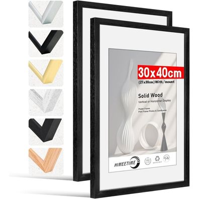 Himeetime 2er Set Bilderrahmen 30x40 cm Schwarz aus Echtholz, mit Passepartout