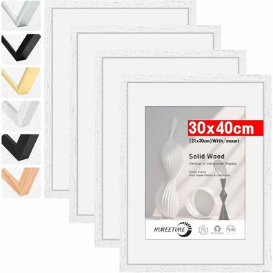 Himeetime 4er Set Bilderrahmen 30x40 cm Weiß mit Passepartout für A4, Echtholz
