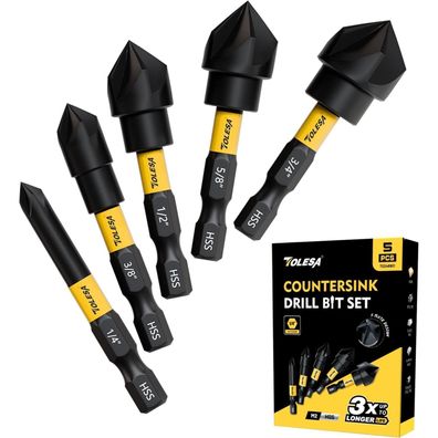 TOLESA 5-teiliges Kegelsenker-Set, 82 Grad, 5 Rillen, Nitrid-Beschichtung, HSS