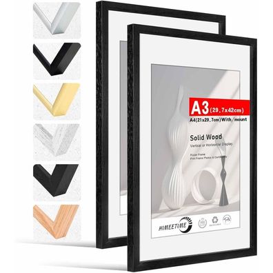 Himeetime 2x Bilderrahmen A3 (30x42 cm) Schwarz Massivholz, für Wand/Tisch, mit
