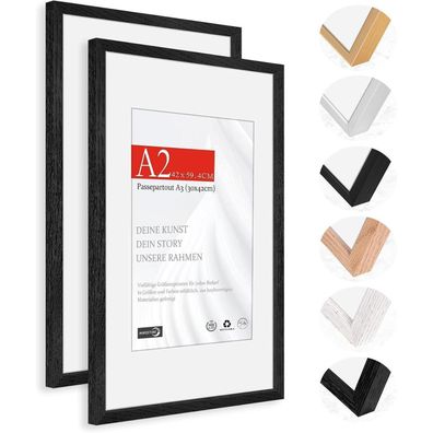 Himeetime 2x Bilderrahmen A2 (42x59,4cm) Schwarz Eiche Echtholz, Wandmontage