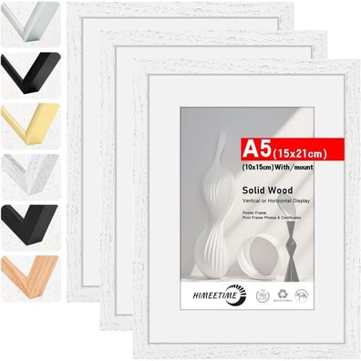 Himeetime 3x Bilderrahmen A5 (14,8x21 cm) Weiß Massivholz, mit Passepartout für