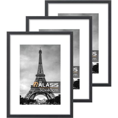 Walasis Bilderrahmen 30x40 cm Schwarz: 3er Set Holzrahmen mit Passepartout und