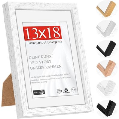 Himeetime Bilderrahmen 13x18 cm Natur Holz Weiß mit Passepartout für 10x15 cm