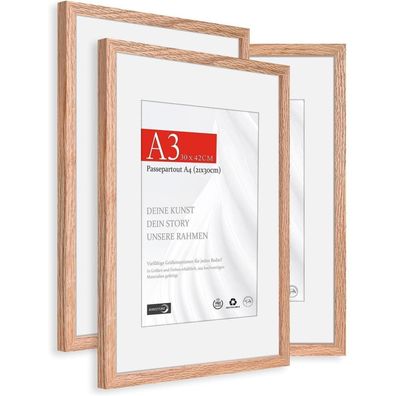 Himeetime 3x Bilderrahmen A3 (29.7x42cm) Natur Holz Eiche, dünner Rahmen