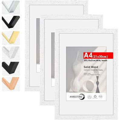 Himeetime 3er Set Bilderrahmen A4 (21x30 cm) Weiß Massivholz für Wand & Tisch