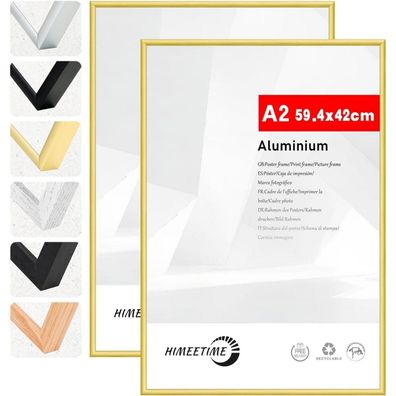 Himeetime 2x Bilderrahmen DIN A2 (42x59,4 cm) Gold Metall Rahmen für Dokumente