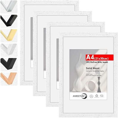 Himeetime 4x Bilderrahmen A4 (21x30 cm) Weiß Massivholz, mit Passepartout für