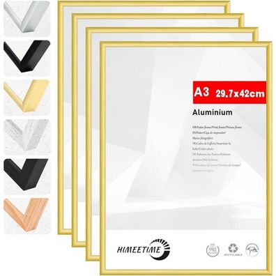 Himeetime 4x Bilderrahmen A3 (30x42 cm) Gold Metall Rahmen für Dokumente und
