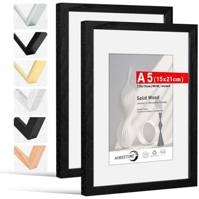 Himeetime 2x Bilderrahmen DIN A5 14,8x21 cm Schwarz Massivholz mit Passepartout